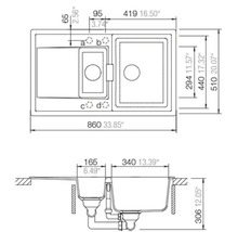 Dessin technique d'un évier avec une cuve et demie et égouttoir, dimensions 860 par 510 millimètres.