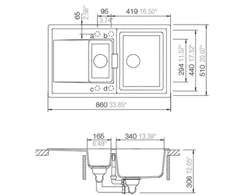 Dessin technique d'un évier avec une cuve et demie et égouttoir, dimensions 860 par 510 millimètres.