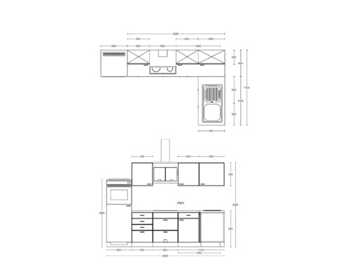 Plan technique d une cuisine en L avec vue de dessus, vue de face et dimensions en millimètres pour les meubles, l évier et l électroménager.