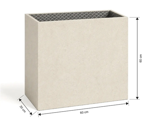 Jardinière rectangulaire aspect pierre de 60 par 30 par 60 centimètres.