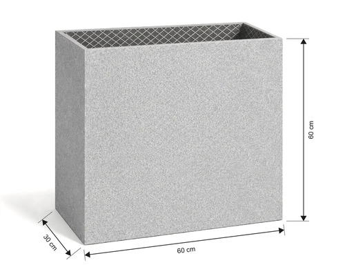 Jardinière rectangulaire aspect granit de dimensions 60 par 60 par 30 centimètres.