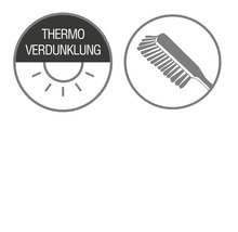 Symbole für Thermo-Verdunkelung und Reinigung mit einer Bürste.