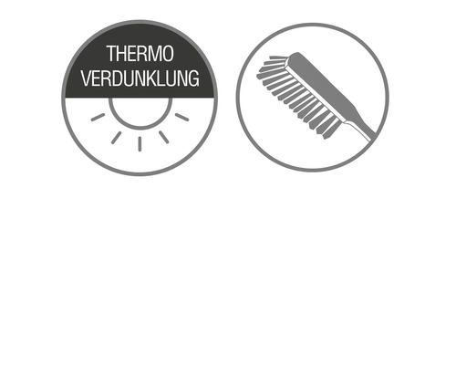Symbole für Thermo-Verdunkelung und Reinigung mit einer Bürste.