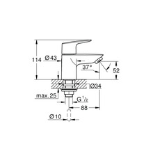 Dessin technique d'un mitigeur de lavabo avec dimensions en millimètres : hauteur 114, hauteur sous bec 52, saillie 88, angle 37 degrés.