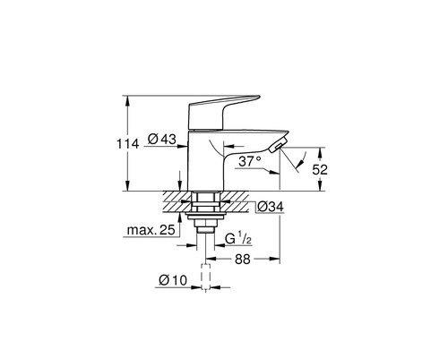 Dessin technique d'un mitigeur de lavabo avec dimensions en millimètres : hauteur 114, hauteur sous bec 52, saillie 88, angle 37 degrés.