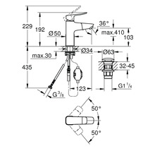 Dessin technique d'un mitigeur de lavabo avec dimensions en millimètres pour la hauteur, la saillie et les raccords. Pivot du levier à 50 degrés.