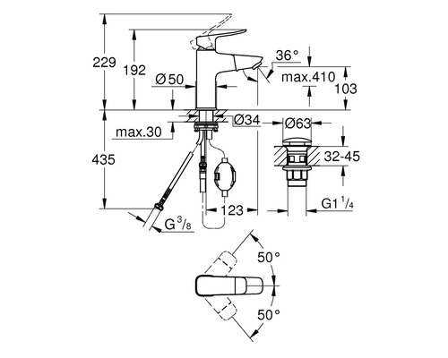 Dessin technique d'un mitigeur de lavabo avec dimensions en millimètres pour la hauteur, la saillie et les raccords. Pivot du levier à 50 degrés.