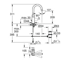 Dessin technique d un mitigeur de lavabo avec dimensions en millimètres, hauteur sous bec 209 mm, hauteur totale 311 mm, saillie 140 mm.
