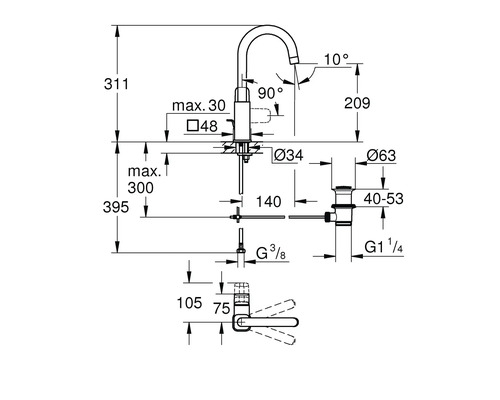 Dessin technique d un mitigeur de lavabo avec dimensions en millimètres, hauteur sous bec 209 mm, hauteur totale 311 mm, saillie 140 mm.