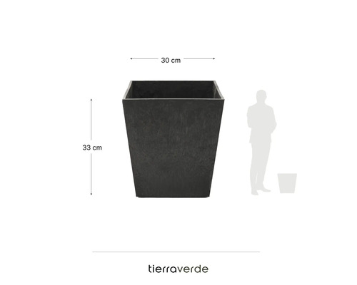 Quadratisches Tierra Verde Pflanzgefäß in Anthrazit, 30 Zentimeter breit, 33 Zentimeter hoch, mit Größenvergleich zu einer Person und Tierra Verde Logo.