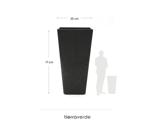 Pot de fleurs Tierra Verde noir, carré et haut, 35 centimètres de large et 71 centimètres de haut, avec comparaison de taille.