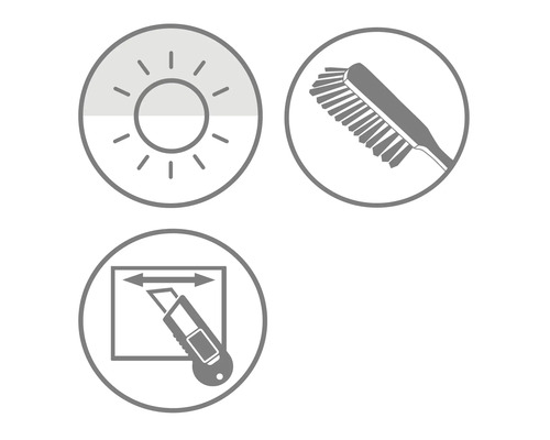 Symbole für UV-Beständigkeit, Reinigung mit Bürste und individuellen Zuschnitt mit einem Cuttermesser.