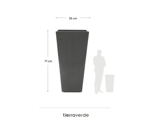 Jardinière carrée haute gris foncé, 71 centimètres de hauteur et 35 centimètres de largeur, avec comparaison d'échelle humaine. tierraverde Logo.