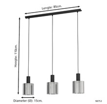 Suspension à 3 lampes avec abat-jours cylindriques, longueur 85 centimètres, hauteur 110 centimètres, diamètre de l'abat-jour 15 centimètres.