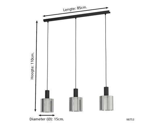 Suspension à 3 lampes avec abat-jours cylindriques, longueur 85 centimètres, hauteur 110 centimètres, diamètre de l'abat-jour 15 centimètres.
