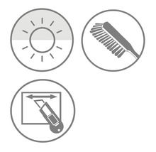 Symbole für UV-Beständigkeit, Reinigung mit Bürste und individuellen Zuschnitt mit einem Cuttermesser.