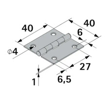 Technische Zeichnung eines Scharniers mit den Maßen 40 mal 40 Millimeter, Lochdurchmesser 4 Millimeter und einer Stärke von 1 Millimeter.