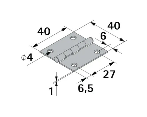 Technische Zeichnung eines Scharniers mit den Maßen 40 mal 40 Millimeter, Lochdurchmesser 4 Millimeter und einer Stärke von 1 Millimeter.