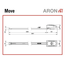 Dessin technique de la motorisation de porte de garage ARON Move avec dimensions en millimètres. ARON Logo.
