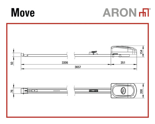 Dessin technique de la motorisation de porte de garage ARON Move avec dimensions en millimètres. ARON Logo.