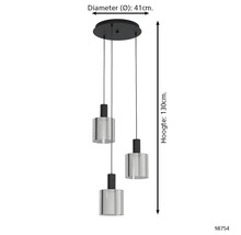 Dreiflammige Pendelleuchte mit zylindrischen Glasschirmen, Durchmesser 41 Zentimeter, Höhe 130 Zentimeter.