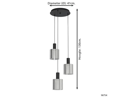 Dreiflammige Pendelleuchte mit zylindrischen Glasschirmen, Durchmesser 41 Zentimeter, Höhe 130 Zentimeter.