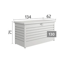 Coffre de jardin en métal avec dimensions : longueur 134 centimètres, profondeur 62 centimètres, hauteur 71 centimètres, modèle 130.
