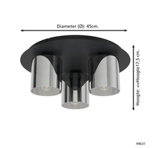 Moderne Deckenleuchte mit drei zylindrischen Schirmen aus verspiegeltem Glas auf einer runden Basis. Durchmesser 45 Zentimeter, Höhe 17,5 Zentimeter.
