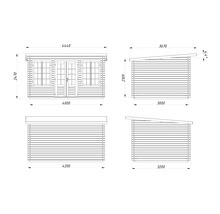 Dessin technique d'un abri de jardin avec toit en appentis, dimensions pour la largeur, la profondeur et la hauteur, porte double et fenêtres.
