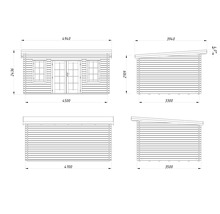 Dessin technique d'un abri de jardin avec toit en appentis, vues de face, arrière et latérale avec dimensions en millimètres.