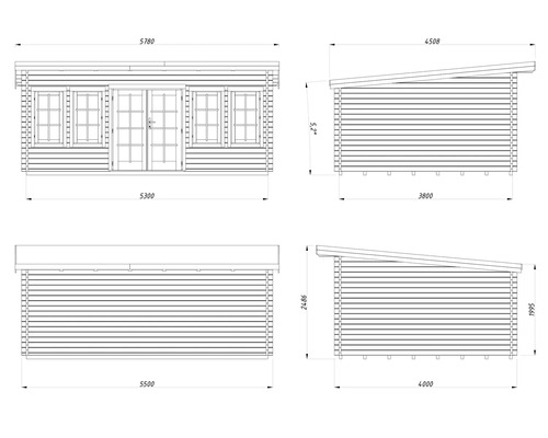 Dessin technique d un abri de jardin avec toit en pente, vues de face, arrière et de côté avec dimensions en millimètres.