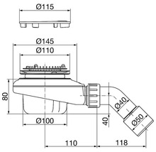 Dessin technique d'un siphon de douche avec dimensions en millimètres: diamètre du couvercle 115, hauteur 80, diamètre de sortie 40 et 50.