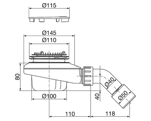 Dessin technique d'un siphon de douche avec dimensions en millimètres: diamètre du couvercle 115, hauteur 80, diamètre de sortie 40 et 50.