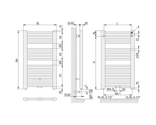 Radiateur de salle de bain KERMI Basic-C 1793 x 520 mm noir raccordement central en bas E001M180075AXXK