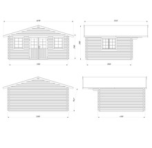 Dessin technique d'un abri de jardin en bois avec vues de face, de côté et de l'arrière, incluant toutes les dimensions en millimètres.