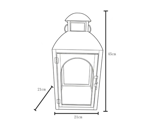 Schematische Darstellung einer Laterne mit Maßen: Höhe 45 Zentimeter, Breite 21 Zentimeter und Tiefe 21 Zentimeter.