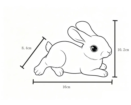 Dessin au trait d'un lapin couché avec dimensions : 16 centimètres de longueur, 10,2 centimètres de hauteur et 8,4 centimètres de largeur.