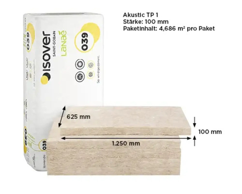 Panneau isolant en laine de verre Isover Akustic TP 1, épaisseur 100 millimètres, largeur 625 millimètres, longueur 1250 millimètres, avec emballage.