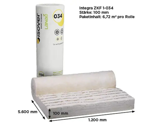 Isover Klemmfilz Integra ZKF 1-034 Lanae, Stärke 100 Millimeter, Breite 1200 Millimeter, Länge 5600 Millimeter, Packungsinhalt 6,72 Quadratmeter.