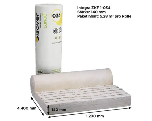 Isover Klemmfilz Integra ZKF 1-034 Lanae, Stärke 140 Millimeter, 5,28 Quadratmeter pro Rolle, Maße 4.400 mal 1.200 Millimeter.