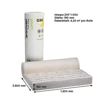 ISOVER Integra ZKF 1-034 Glaswolle-Dämmrolle, Stärke 180 Millimeter, Länge 3500 Millimeter, Breite 1200 Millimeter. ISOVER Saint-Gobain Logo.