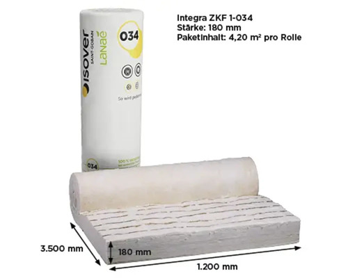 ISOVER Integra ZKF 1-034 Glaswolle-Dämmrolle, Stärke 180 Millimeter, Länge 3500 Millimeter, Breite 1200 Millimeter. ISOVER Saint-Gobain Logo.