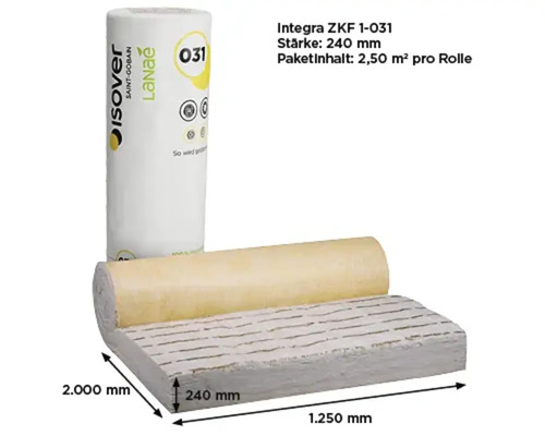 Isover Integra ZKF 1-031 Zwischensparren-Dämmrolle, Stärke 240 Millimeter, Länge 2000 Millimeter, Breite 1250 Millimeter, 2,50 Quadratmeter pro Rolle.