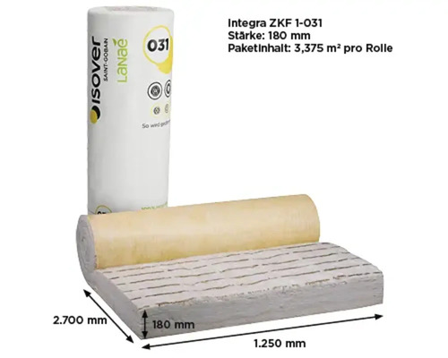 ISOVER Logo, Saint-Gobain Logo. Glaswolle Integra ZKF 1-031, Stärke 180 Millimeter, Maße 2700 mal 1250 Millimeter, 3,375 Quadratmeter pro Rolle.
