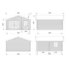 Plan technique d'un abri de jardin en bois avec vues de face, de dos et de côté, incluant les dimensions en millimètres.