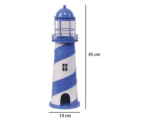 Phare décoratif en métal bleu et blanc avec motif en spirale, hauteur 45 centimètres, largeur 14 centimètres.