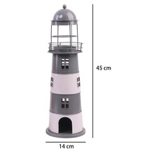 Phare décoratif en métal, hauteur 45 centimètres, largeur 14 centimètres, rayé gris et blanc avec fenêtres et balustrade.