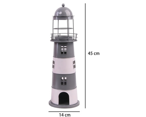 Phare décoratif en métal, hauteur 45 centimètres, largeur 14 centimètres, rayé gris et blanc avec fenêtres et balustrade.