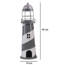 Phare décoratif en métal, hauteur 45 centimètres, largeur 14 centimètres, avec motif en spirale, galerie et toit en dôme.
