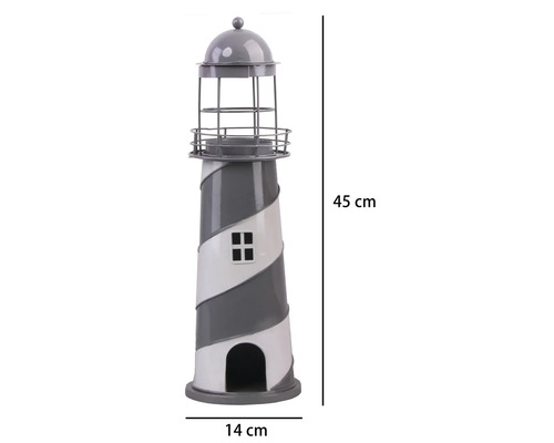 Phare décoratif en métal, hauteur 45 centimètres, largeur 14 centimètres, avec motif en spirale, galerie et toit en dôme.